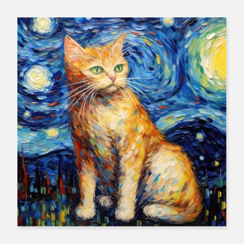 Chat, Motif De Chat, Van Gogh, Nuit Étoilée Poster 40 x 40 cm