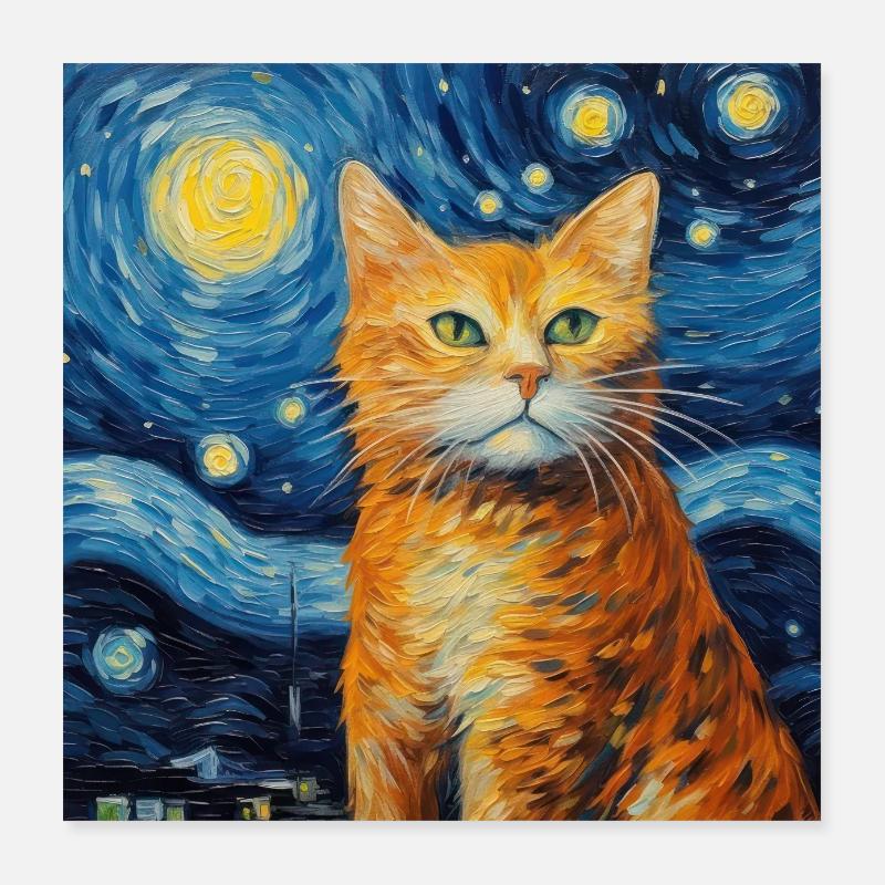Chat, Motif De Chat, Van Gogh, Nuit Étoilée Poster 40 x 40 cm