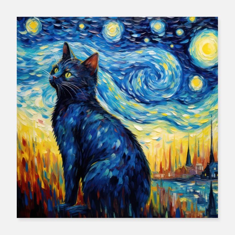 Chat, Motif De Chat, Van Gogh, Nuit Étoilée Poster 40 x 40 cm