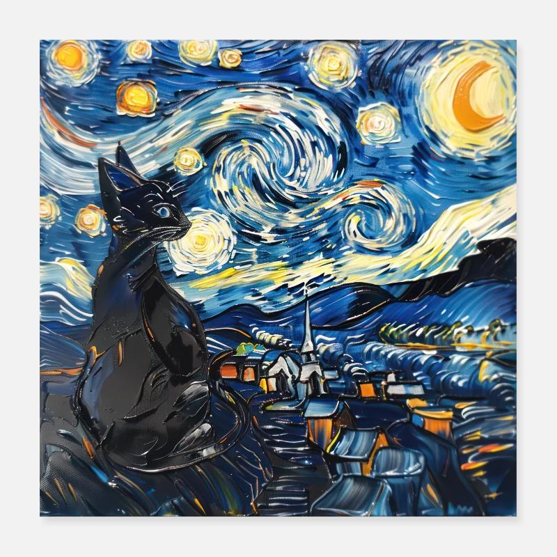 Chat, Motif De Chat, Van Gogh, Nuit Étoilée Poster 40 x 40 cm