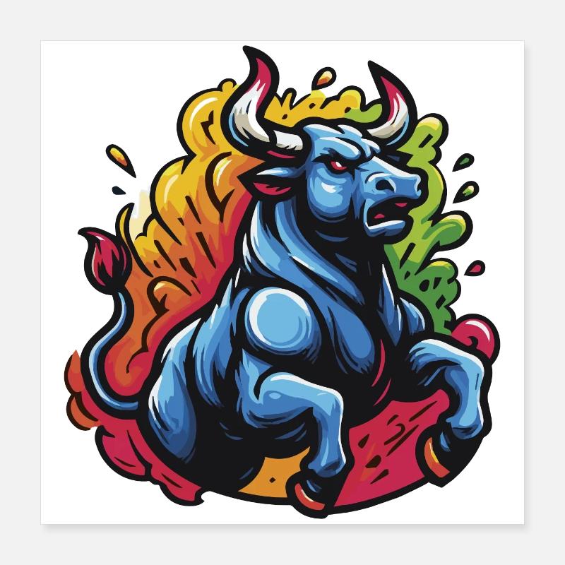 Farbenfroher wütender Stier - 1 Poster 40x40 cm