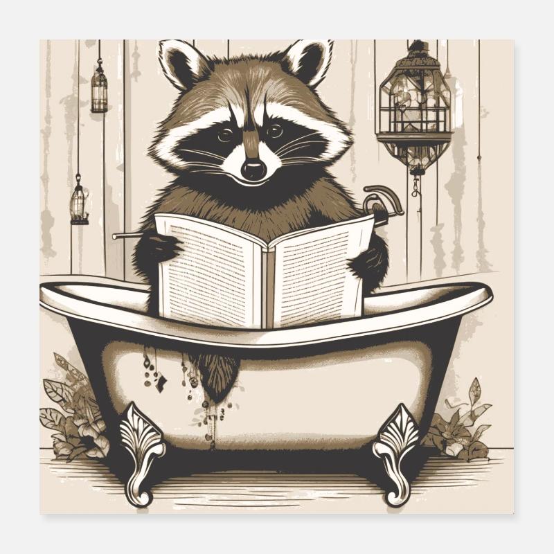 raton laveur, journal, salle de bain, lecture, affiche Poster 40 x 40 cm