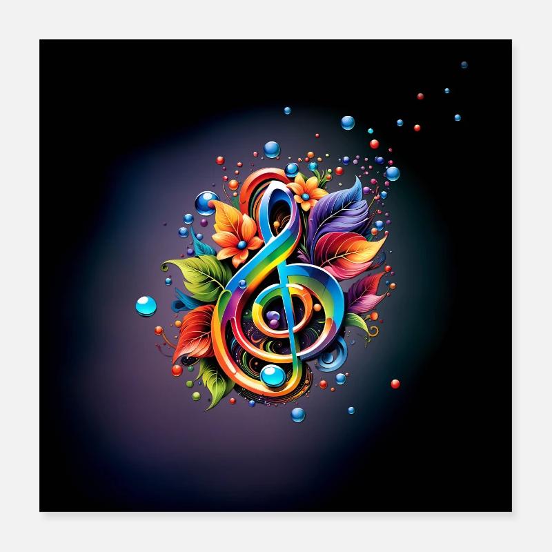 Musik, bunter Schlüssel mit Blättern Poster 40x40 cm