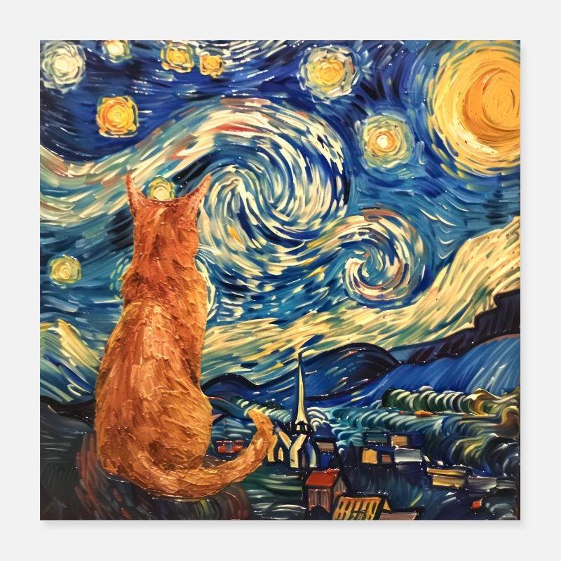Chat, Motif De Chat, Van Gogh, Nuit Étoilée Poster 40 x 40 cm