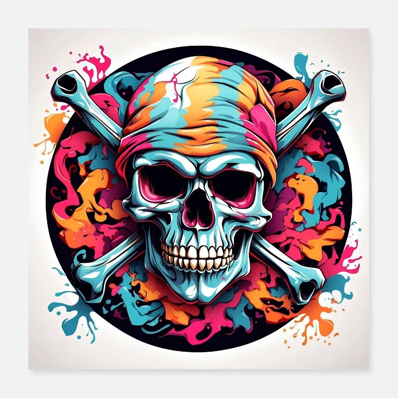 Decorative Colorful Skull with Bone Poster 16" x 16" (40x40 cm)