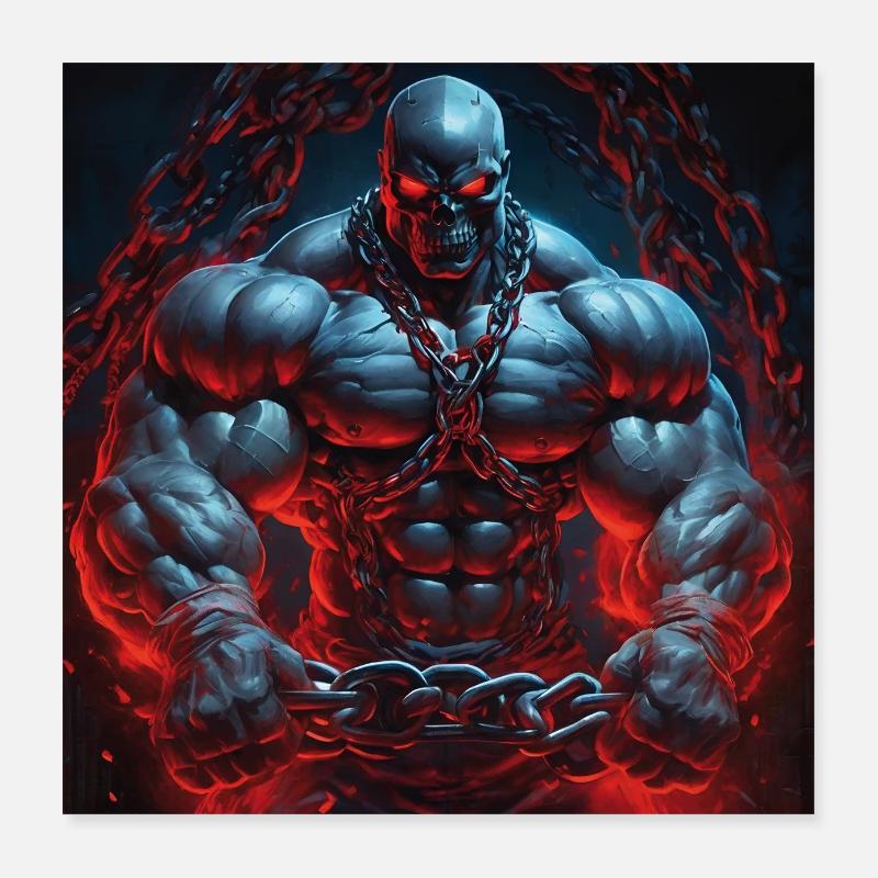 Monster Skull Bodybuilder Chaînes Conception Motivationnelle Poster 40 x 40 cm