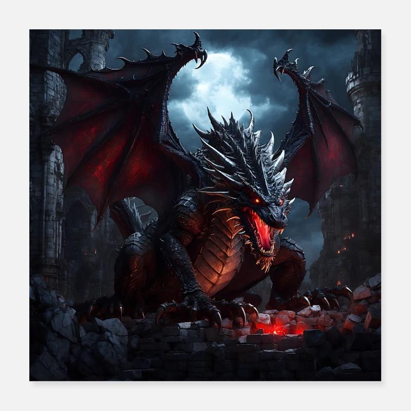 Großer Drache bei Mondschein Poster 40x40 cm