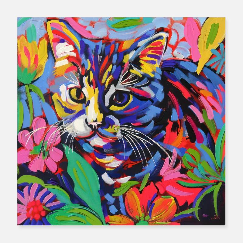 Katze, katzenmotiv, blumen, geschenk, geschenkidee Poster 40x40 cm
