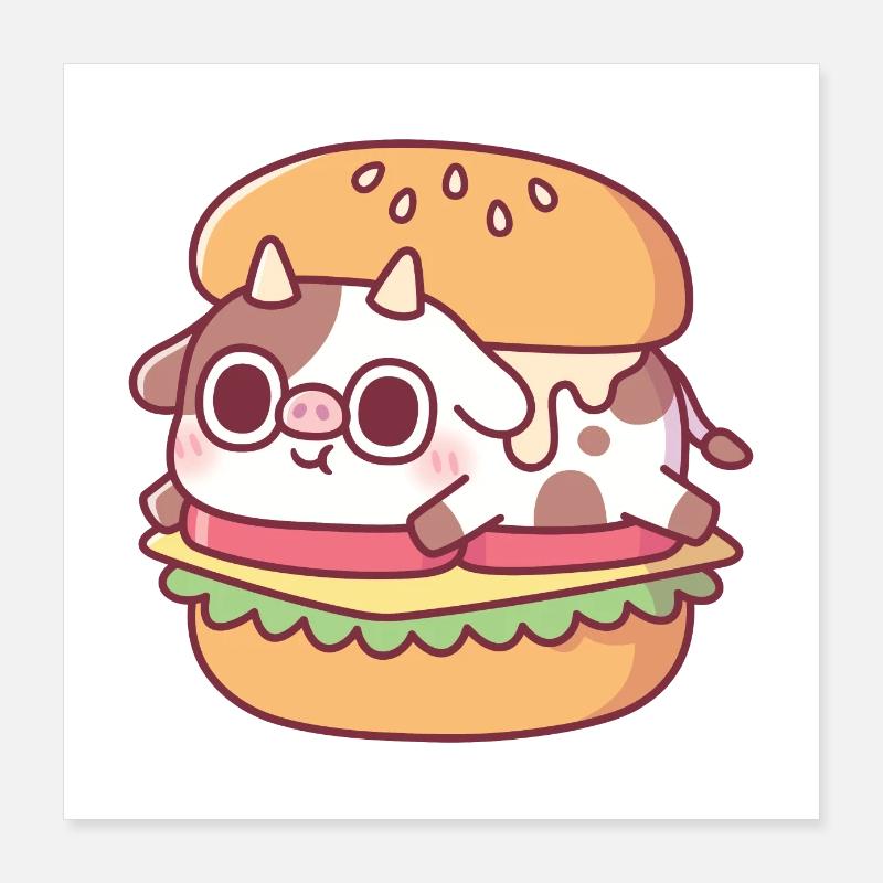 Vache mignonne dans un hamburger drôle Poster 40 x 40 cm
