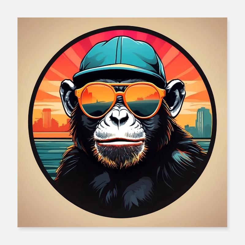 Cool chimpanzee with sunglasses and cap Poster 16" x 16" (40x40 cm)