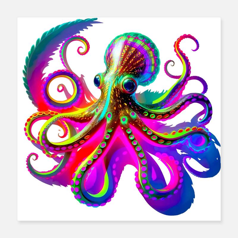 Pieuvre fluo Psychédélique Poster 40 x 40 cm