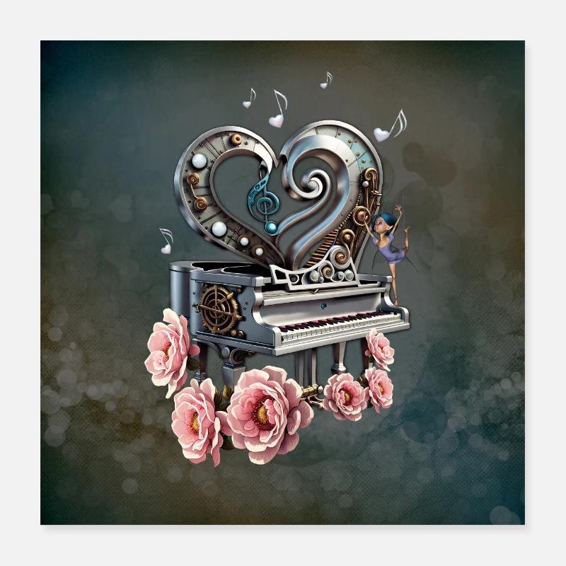 Steampunk Klavier mit Herz Poster 40x40 cm