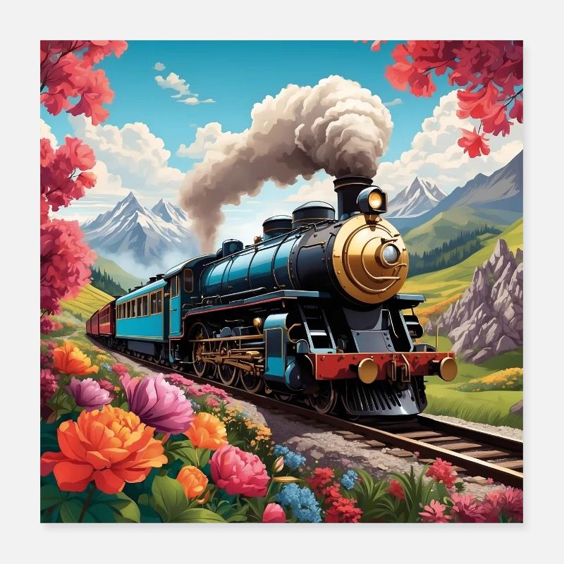 Locomotive à vapeur colorée avec train de chemin de fer Poster 40 x 40 cm