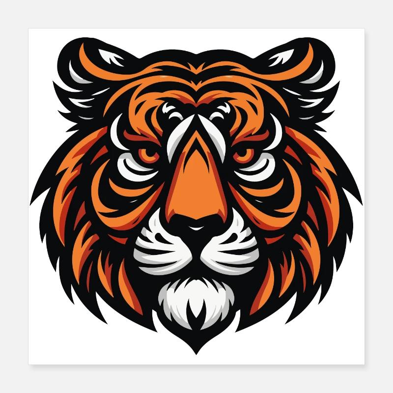 Ein grimmiges Tiger-Maskottchen entblößt seine mächtigen Reißzähne. Oder Poster 40x40 cm