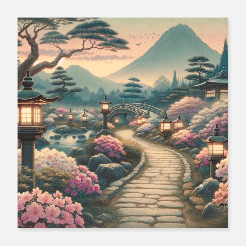 Japan Vintage Azalea Lanterns Poster 16" x 16" (40x40 cm)