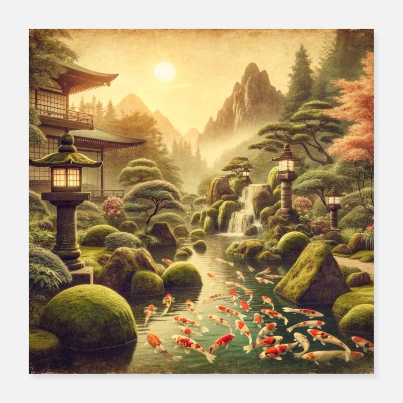 Japan Vintage Kois Moss Waterfall Poster 16" x 16" (40x40 cm)