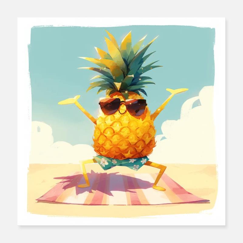 Drôle d’ananas dansant/faisant de l’exercice sur la plage Poster 40 x 40 cm