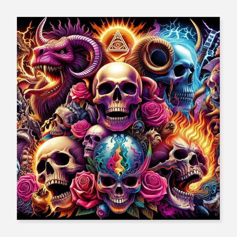 Crânes, couleurs et fleurs Poster 40 x 40 cm