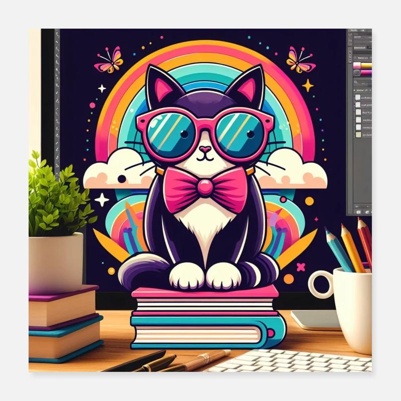 Fleißige Katze mit Brille Poster 40x40 cm