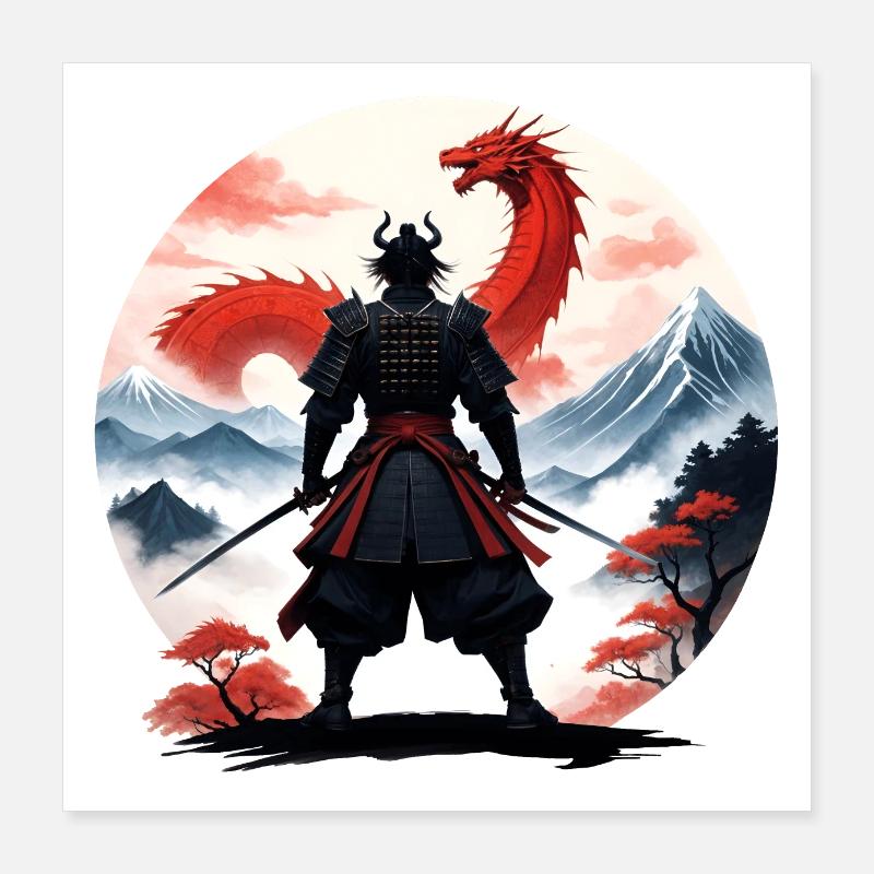 Samurai Japan Drachen Landschaft Poster 40x40 cm