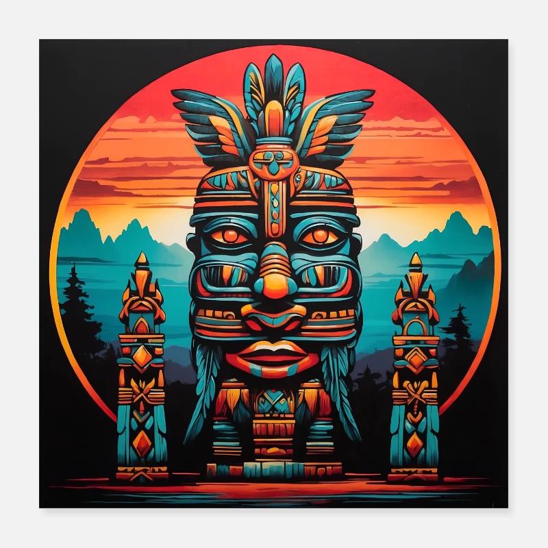 Maschere Maya, Inca, Azteche e figurine colorate Poster 40x40 cm