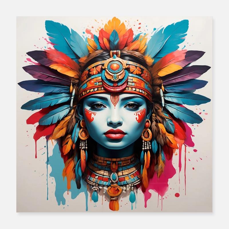 Portrait coloré aztèque inca maya Poster 40 x 40 cm