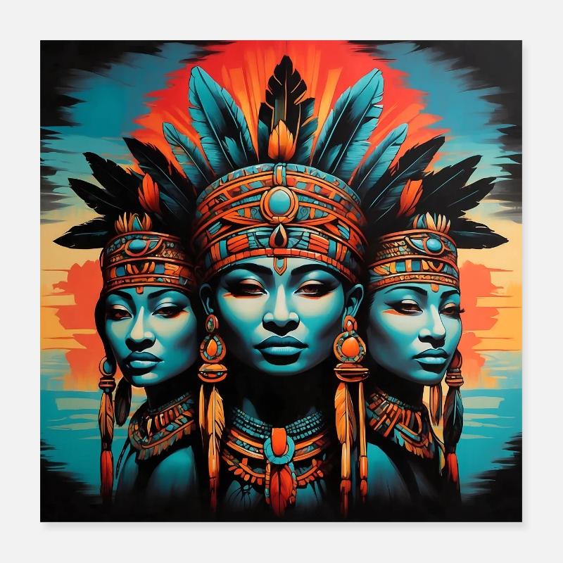 Ritratto variopinto azteco Inca Maya con piume Poster 40x40 cm
