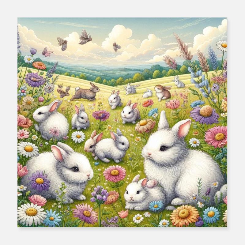Lapins dans un champ de fleurs Poster 40 x 40 cm
