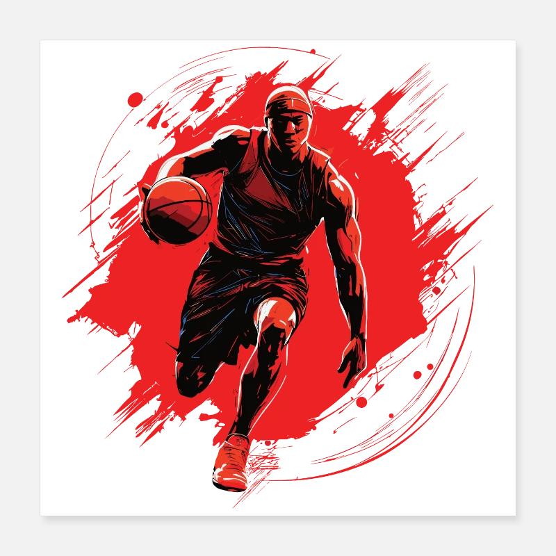 Basketball player on red background, drawing Poster 16" x 16" (40x40 cm)