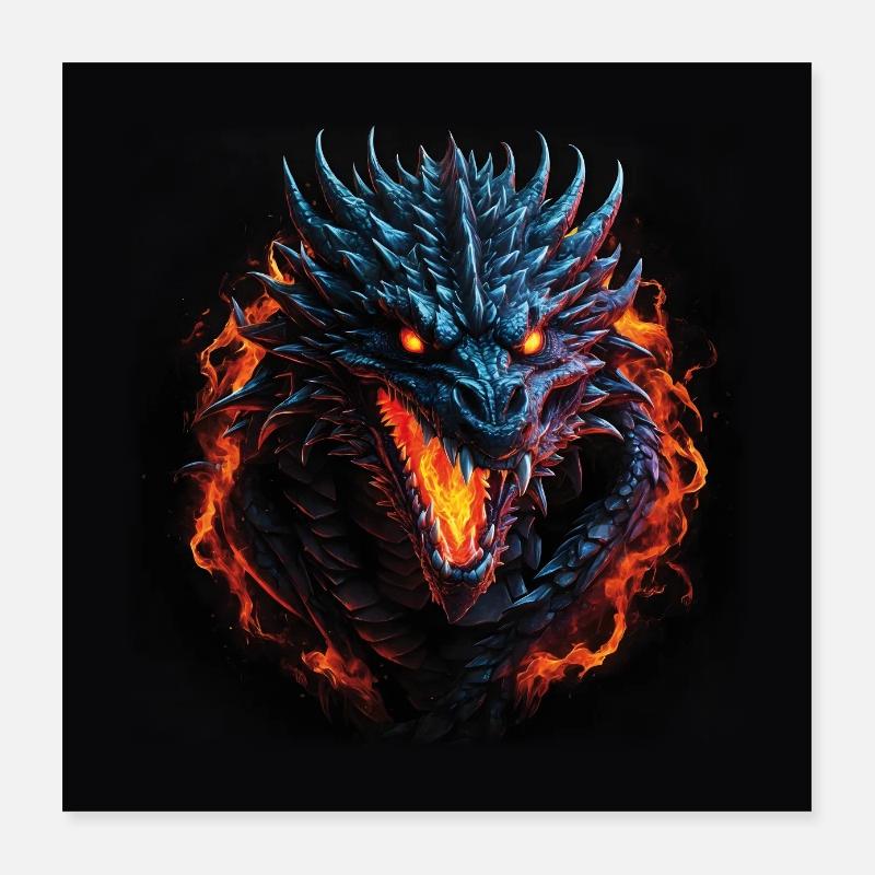 Feuerspeiender Drache mit glühenden Augen Poster 40x40 cm