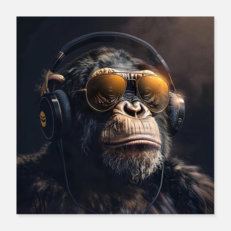 Singe avec casque pour DJ et musicien Monkey Poster 40 x 40 cm