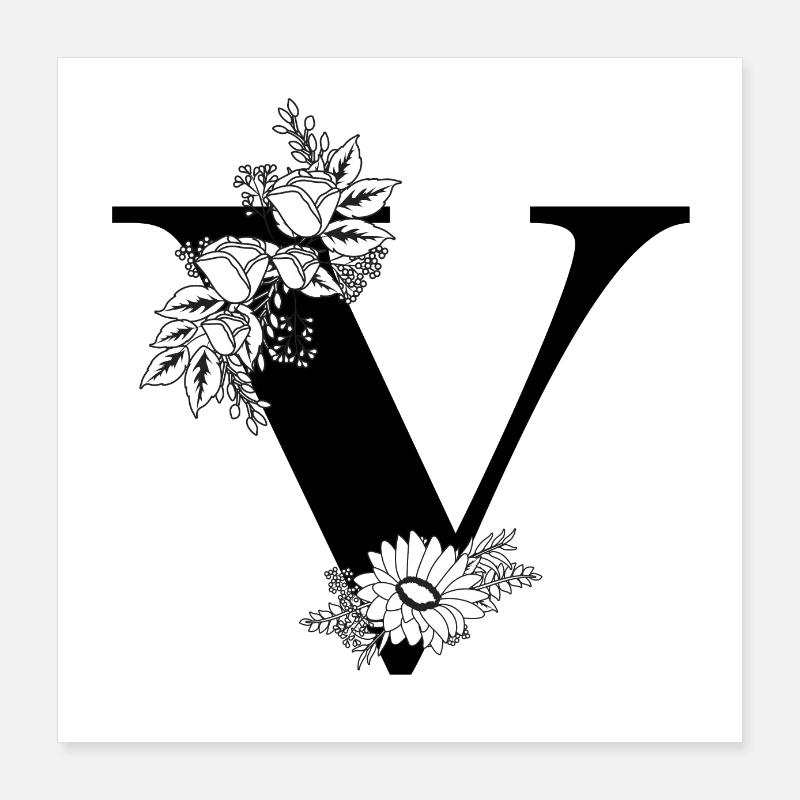 Blumenbuchstabe v schwarz-weiß Poster 40x40 cm