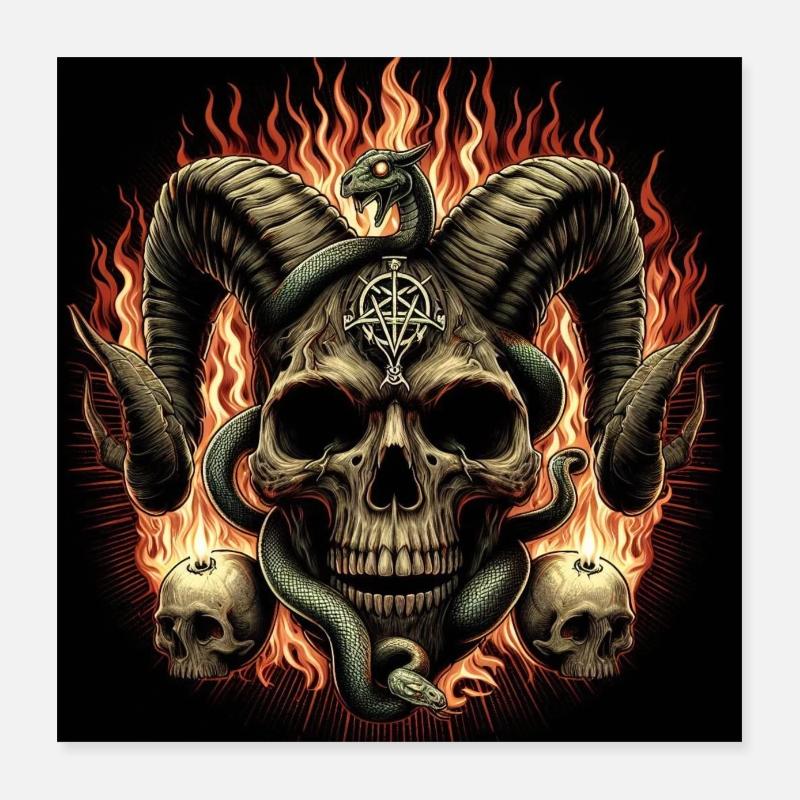 Crâne satanique en feu Poster 40 x 40 cm