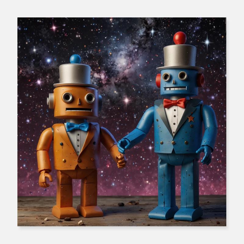 Two robots with cylinders under the stars Poster 16" x 16" (40x40 cm)