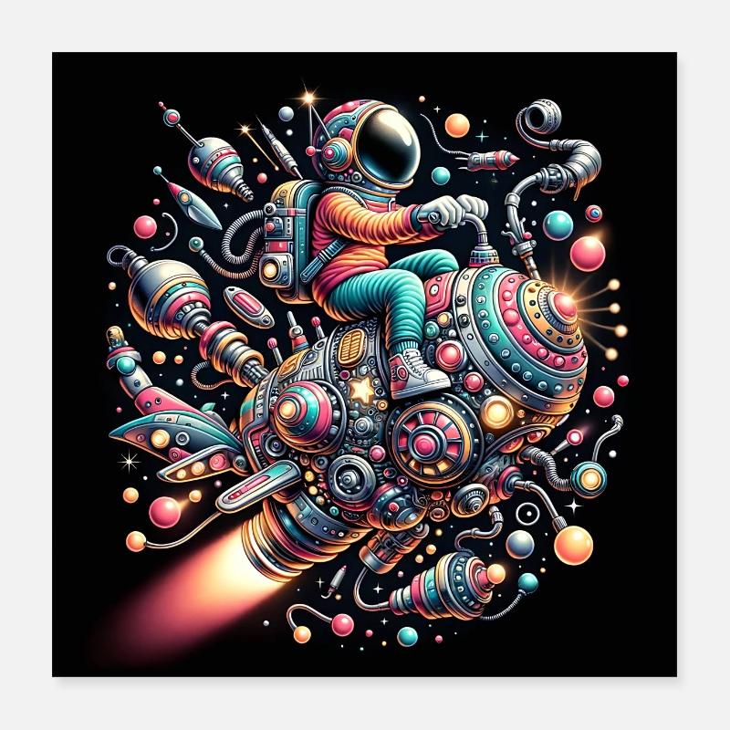 Spaceman on colorful spaceship Spacemotorcycle Poster 16" x 16" (40x40 cm)