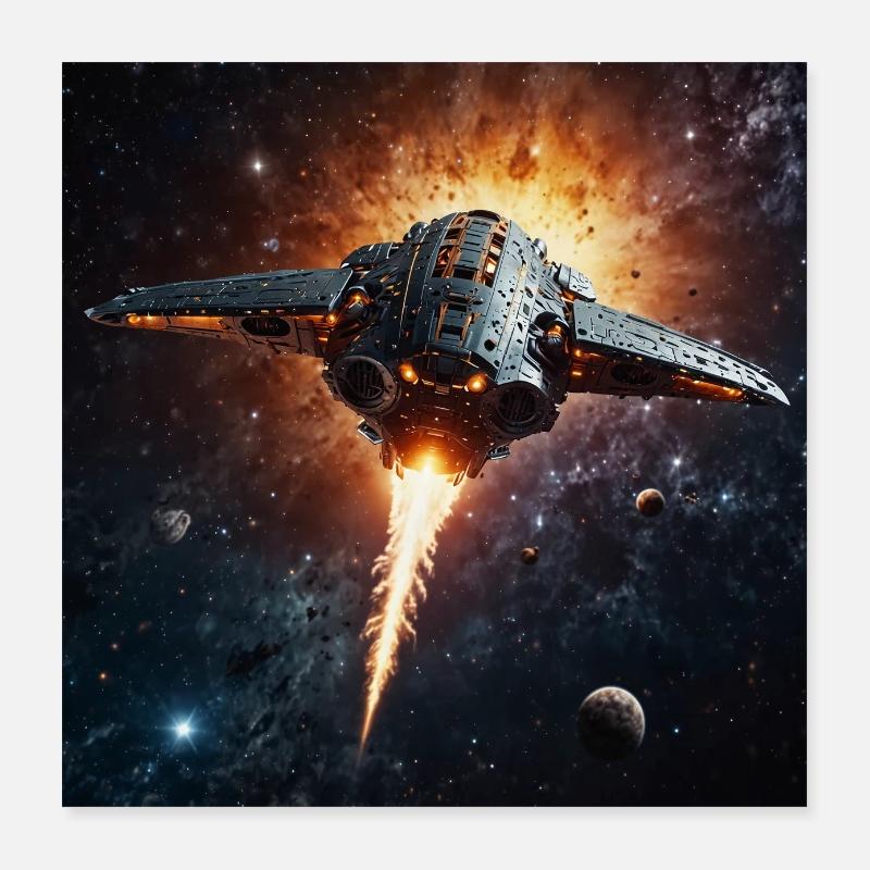 Un vaisseau spatial en route dans l’espace vers des planètes lointaines Poster 40 x 40 cm