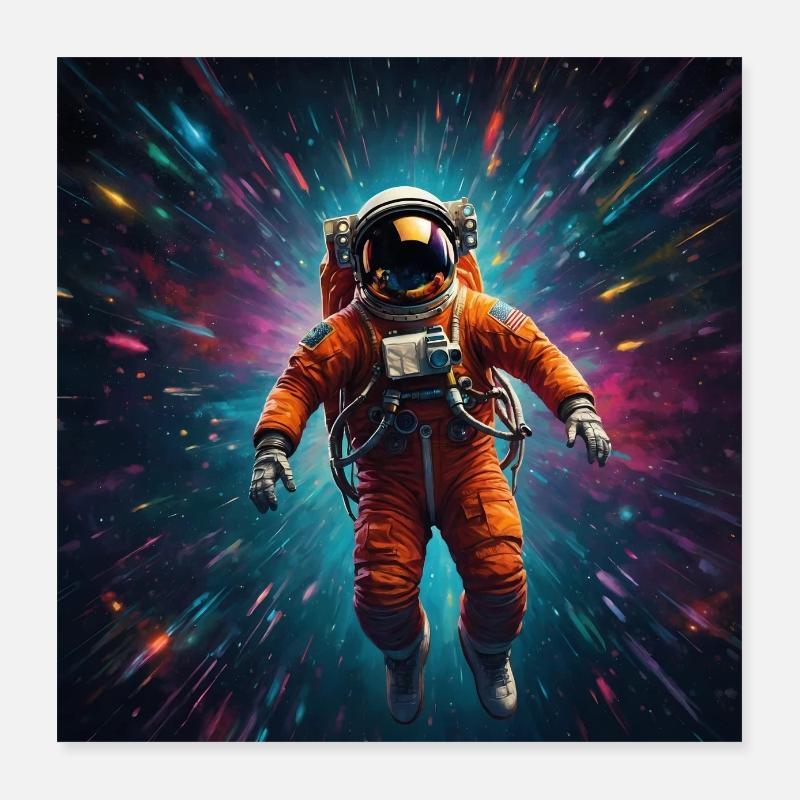 Astronaute sur la route dans l’espace avec des planètes Poster 40 x 40 cm