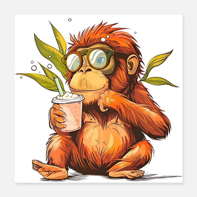 Drôle de singe avec boisson fraîche Poster 40 x 40 cm
