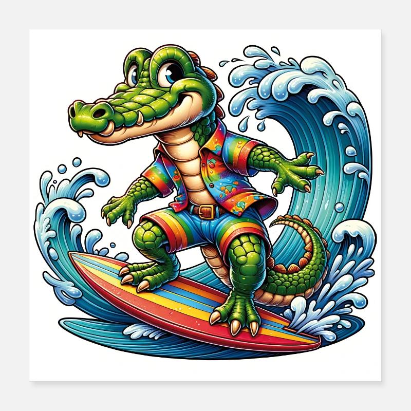 Crocodile on surfboard funny surfing crocodile Poster 16" x 16" (40x40 cm)