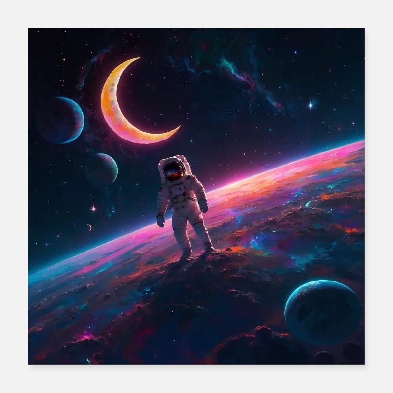 Lonely astronaut on alien planet with moon Poster 16" x 16" (40x40 cm)
