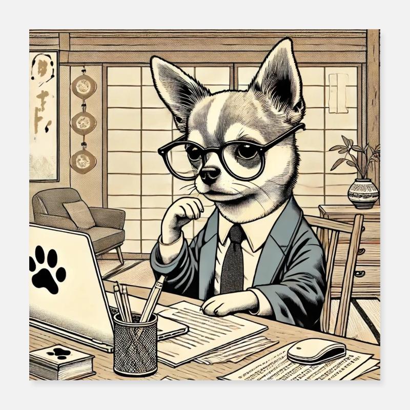 Japan Ukijo e Style Desk Chihuahua Poster 16" x 16" (40x40 cm)