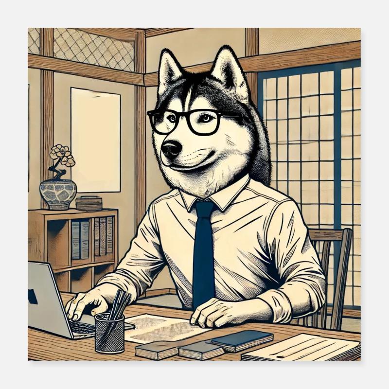 Husky au bureau - Ukiyo-e Style Poster 40 x 40 cm
