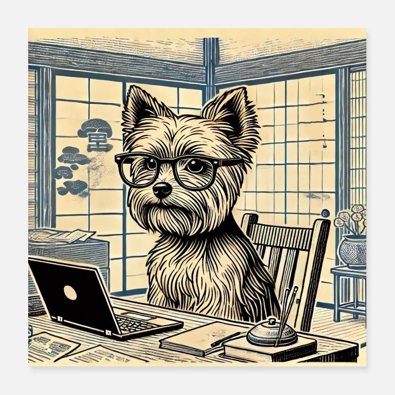 Bureau japonais Ukijo e Style Yorkshire Terrier Poster 40 x 40 cm