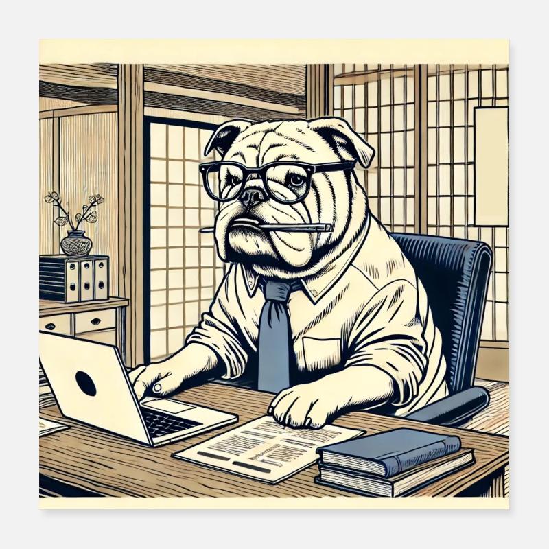 Bouledogue au bureau - Ukiyo-e Style Poster 40 x 40 cm