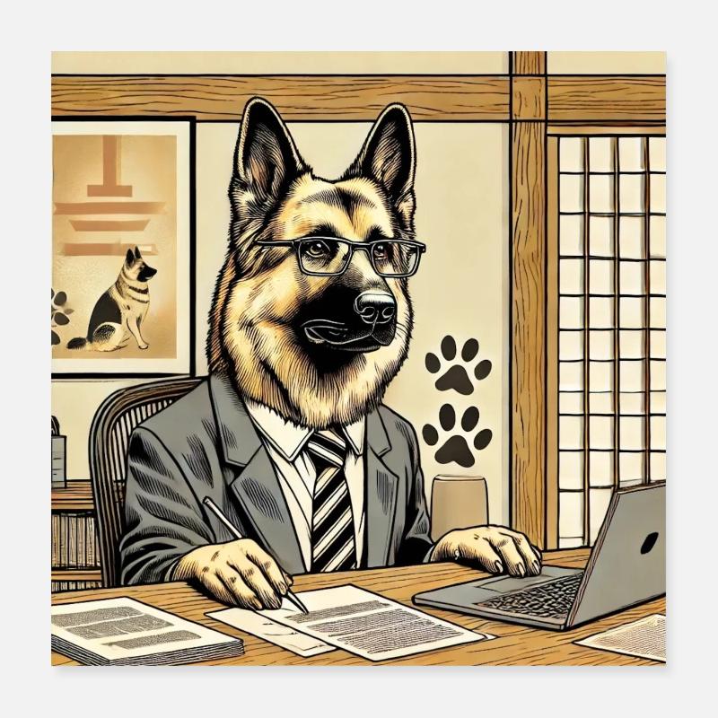 German Shepherd at the Desk - Ukiyo-e Style Poster 16" x 16" (40x40 cm)