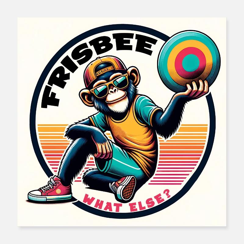 Schimpanse mit Sonnebrille, Basecap und Frisbee Poster 40x40 cm