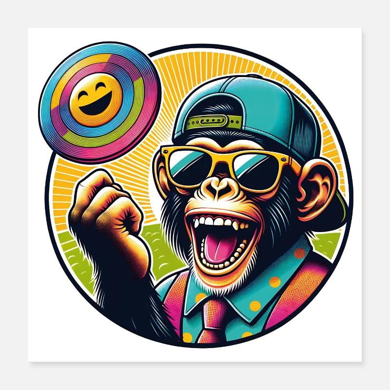 Schimpanse mit Sonnebrille, Basecap und Frisbee Poster 40x40 cm