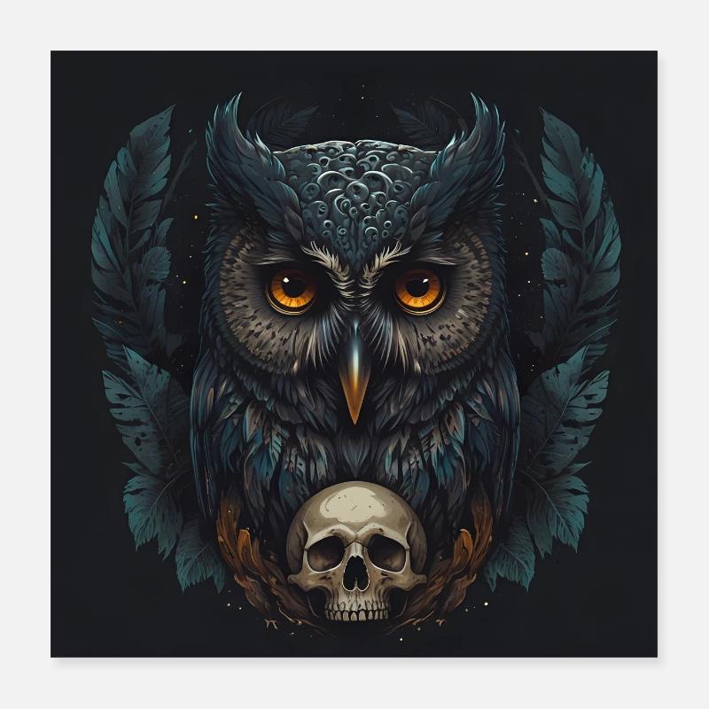 Dekorative dunkle unheimliche Eule mit Skull Poster 40x40 cm