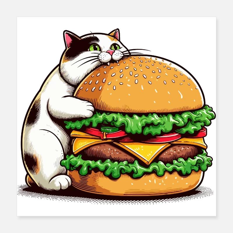 Chat qui mange un énorme burger Poster 40 x 40 cm