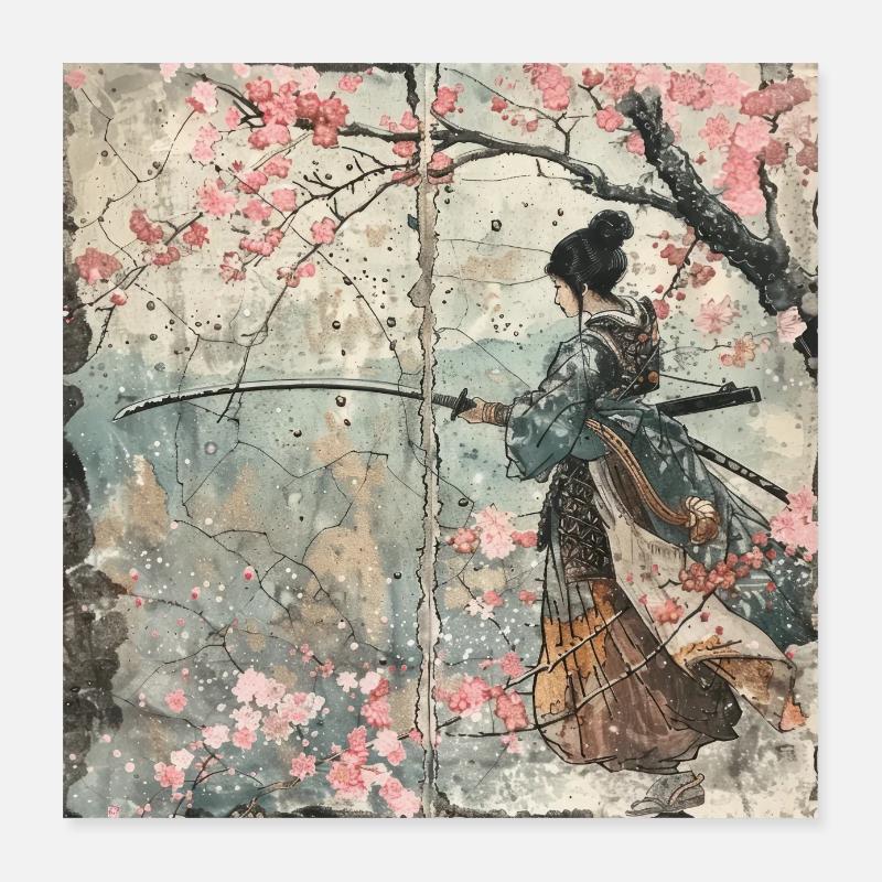 Japonais, Samouraï, Cerisier en fleurs, Art, Ukiyo-E, s Poster 40 x 40 cm